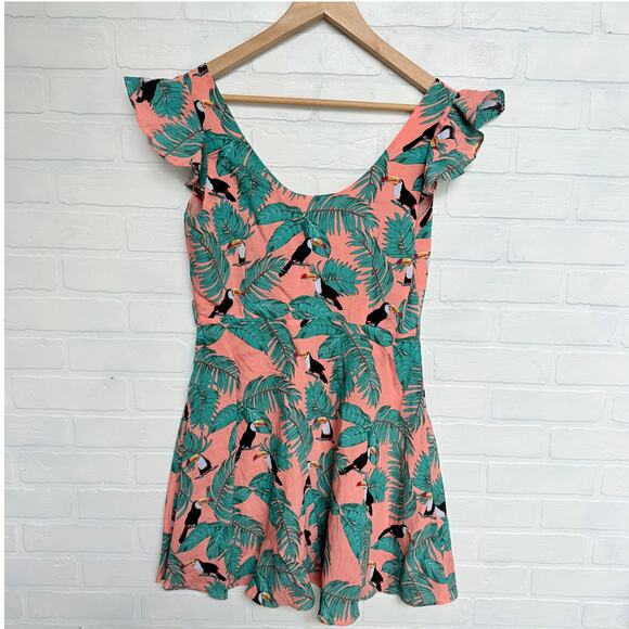 Glamorous Women's Peach Tropical Toucan Flutter Sleeve Fitted Dress -sz 12 - Picture 2 of 5